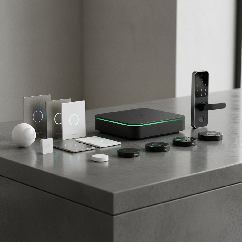 Smart home hub device on wooden shelf, warm ambient lighting, minimal living room background