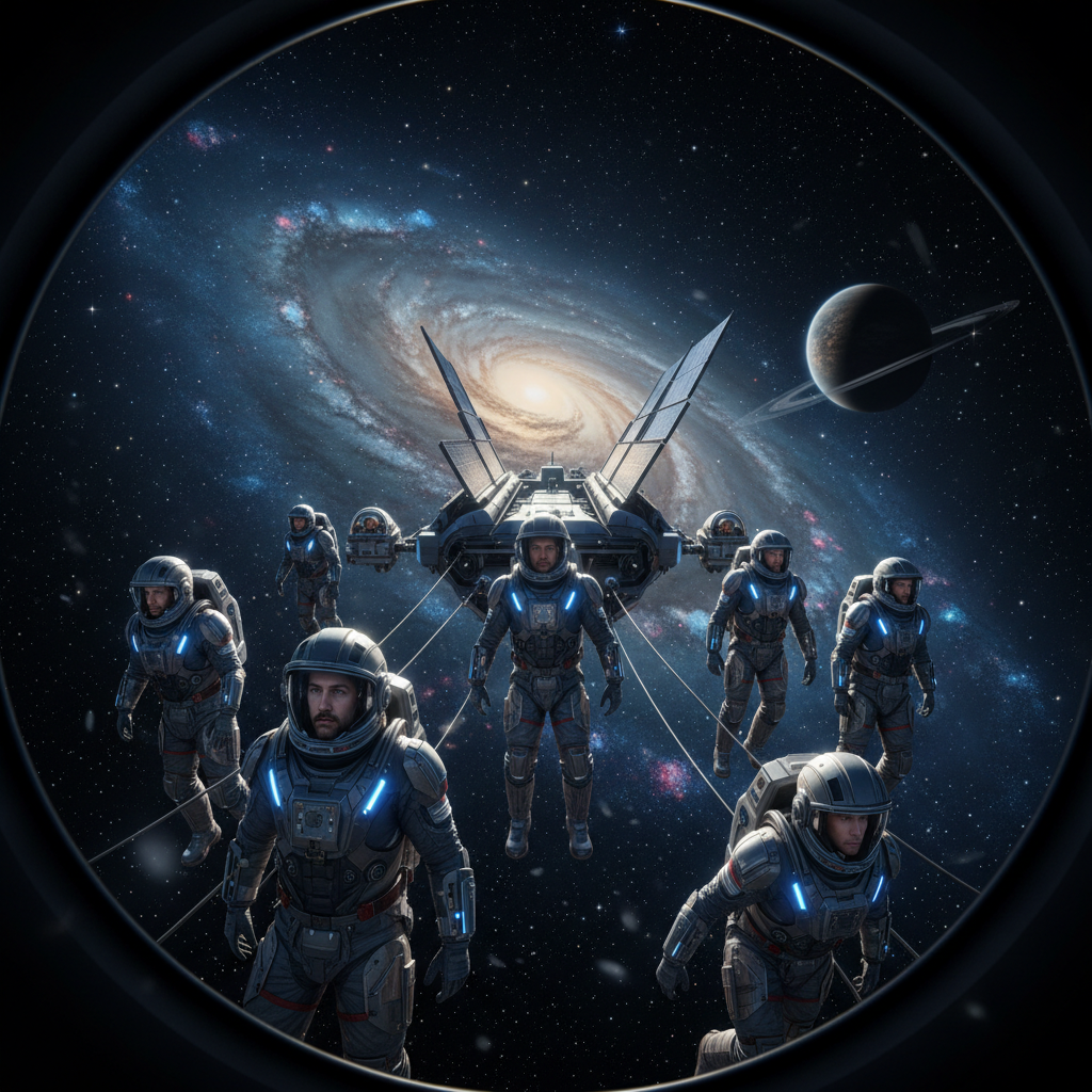 Astronaut floating in space with colorful nebula and distant planets