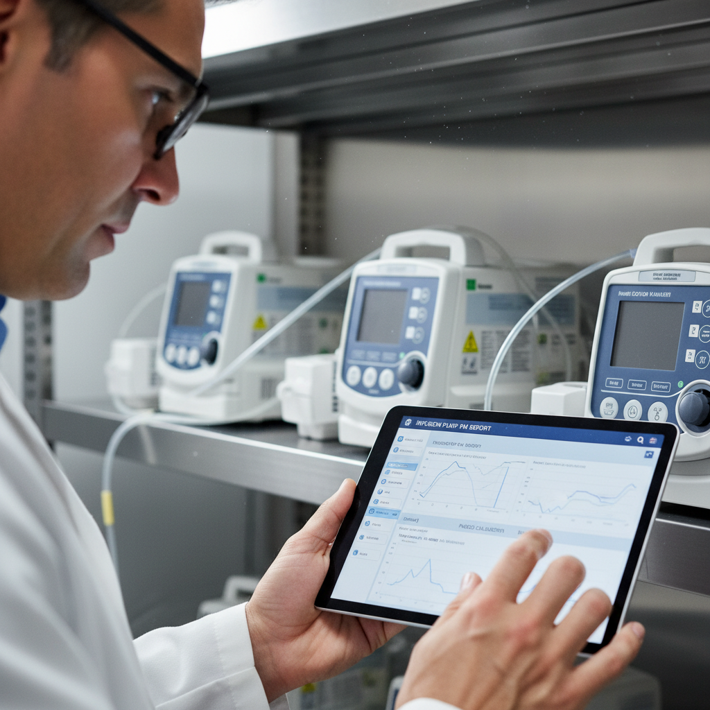 Medical equipment technician reviewing inspection report on tablet next to refurbished infusion pumps cleared for redeployment on metal shelving