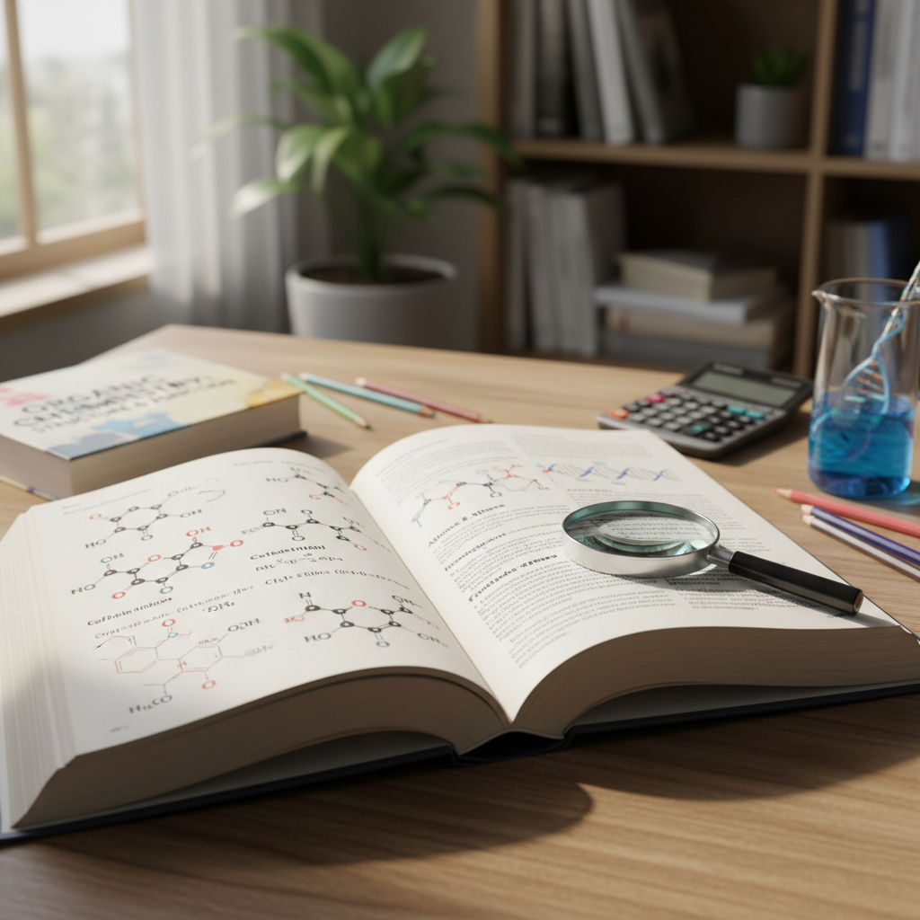 Chemistry textbook with molecular diagrams on cover, colorful educational design