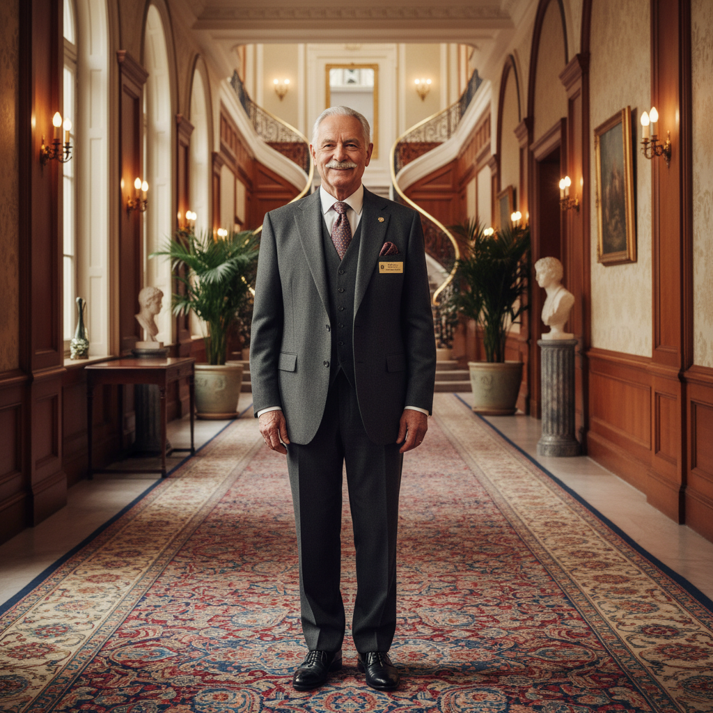 Raymond Achebe — retired concierge in formal attire, photographed in a warmly lit hotel lobby corridor