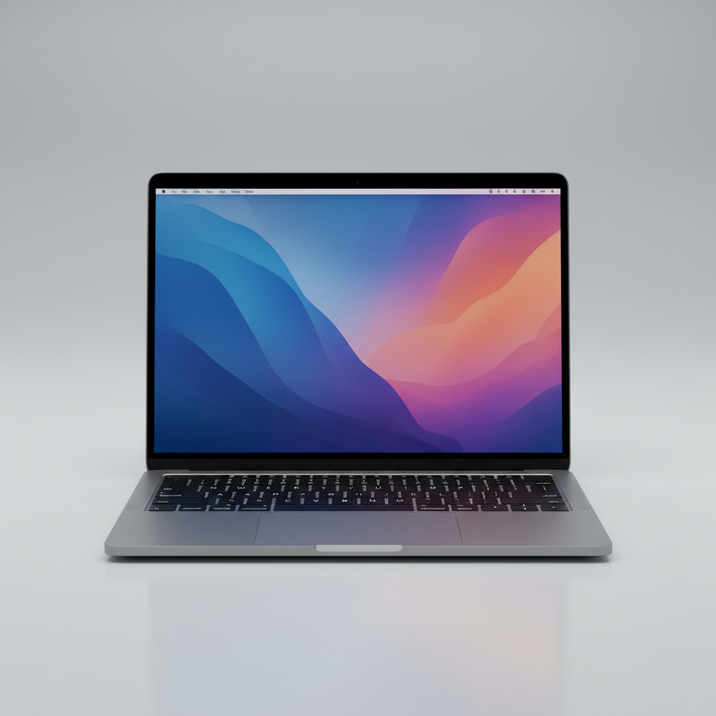 MacBook Pro laptop open on a clean white desk, screen glowing with a bright background
