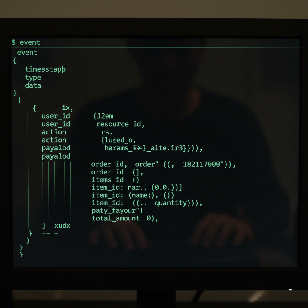 Dark terminal screen showing webhook event payload JSON structure