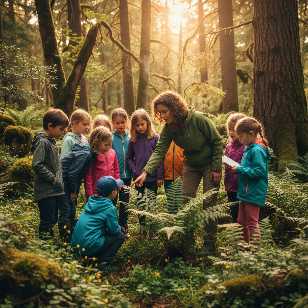Students gathered outdoors in a bright sunny field learning about plants and ecology, teacher pointing to a sapling, warm natural light, engaged and curious children