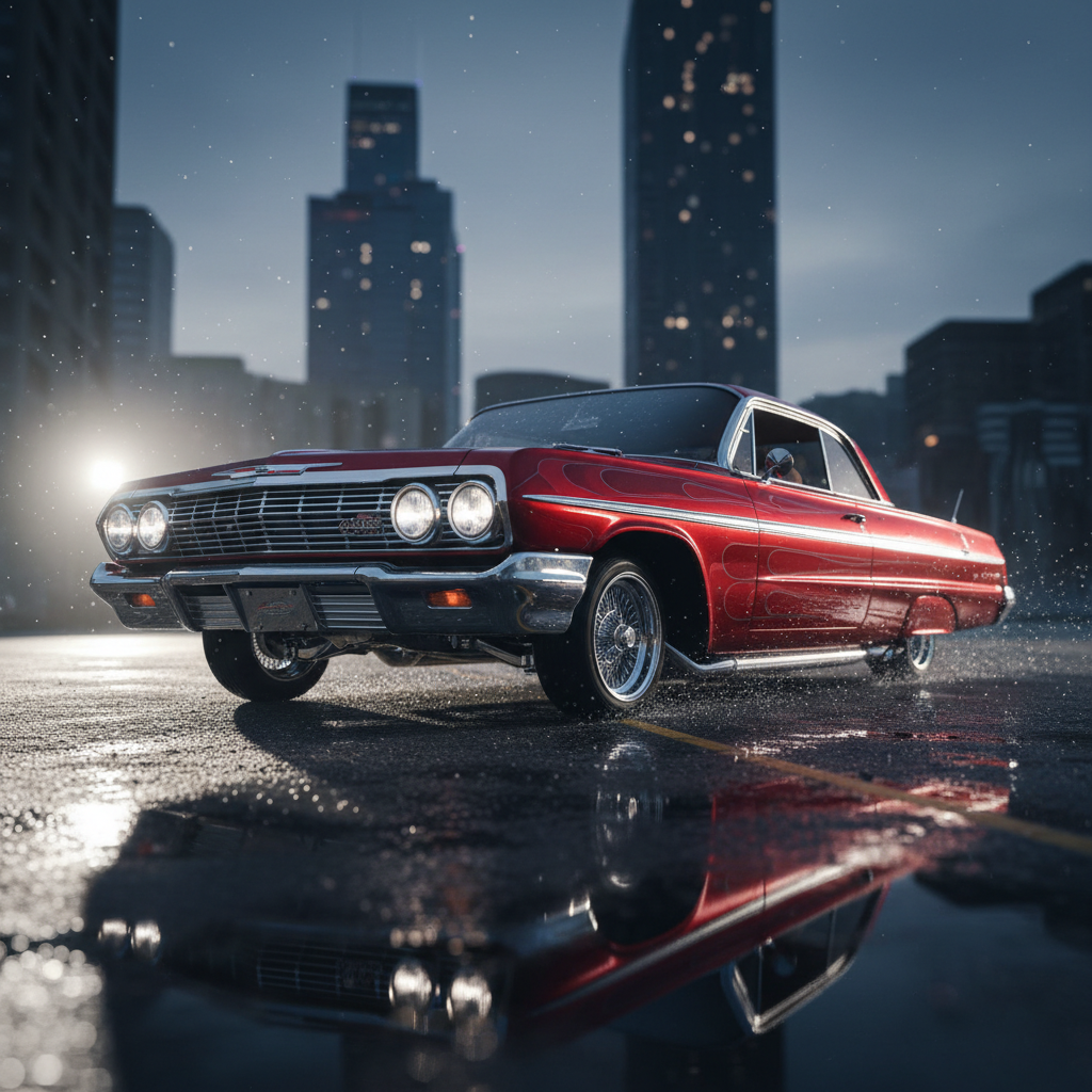 Lowrider car in cinematic low-angle shot, chrome details gleaming under dramatic lighting