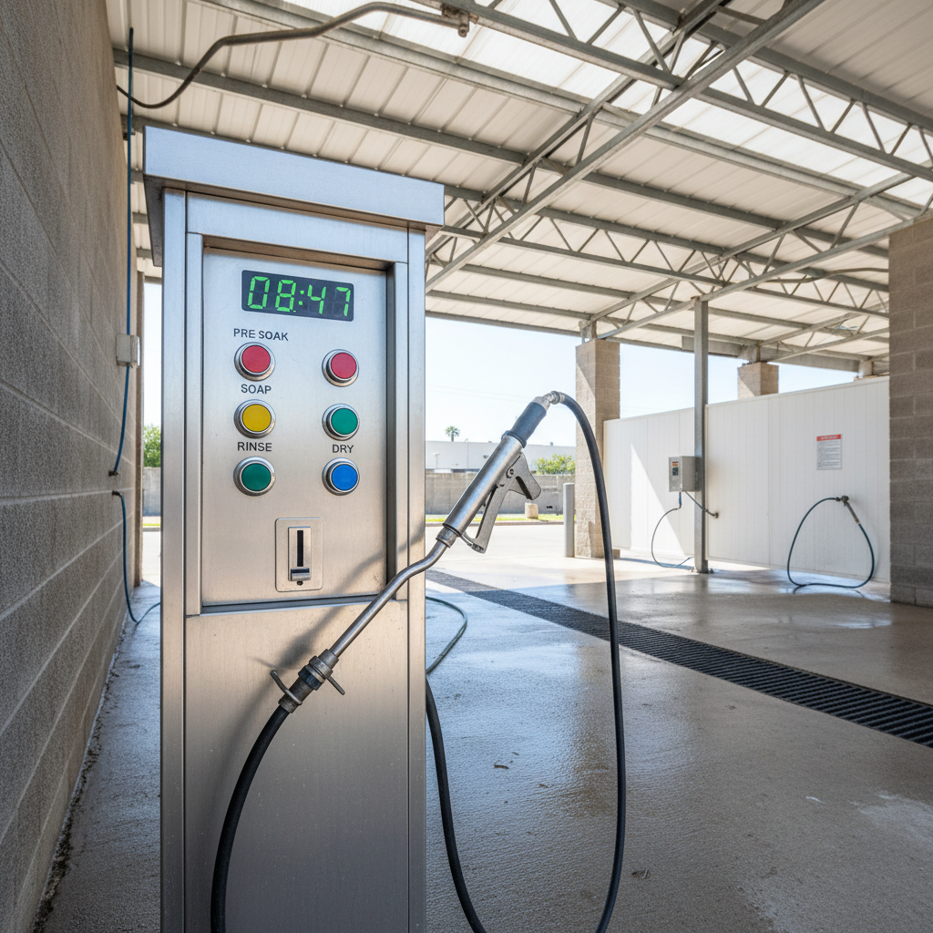 Self-serve car wash bay with pressure wand, soap dispenser, and bright overhead lights, clean concrete floor