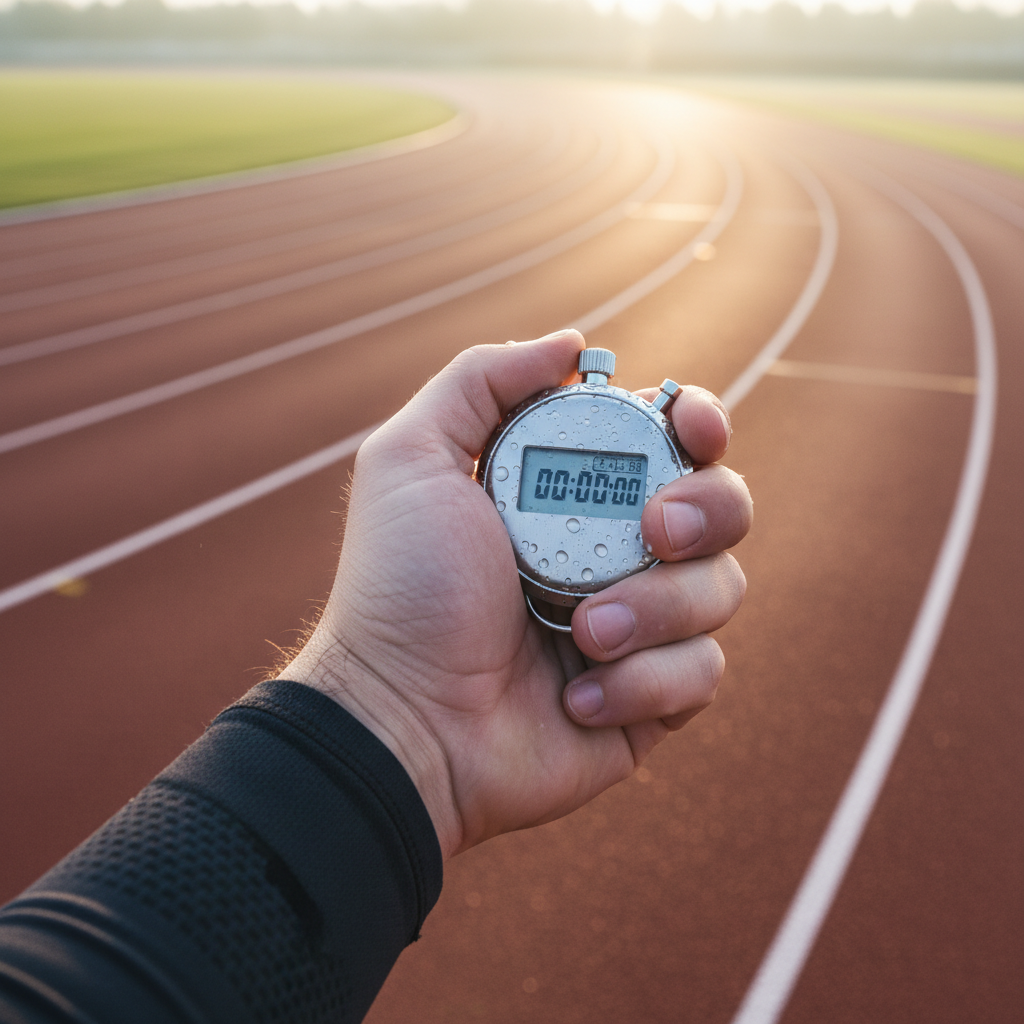Athlete at dawn on empty track, stopwatch close-up, spring trial session, lane markings visible