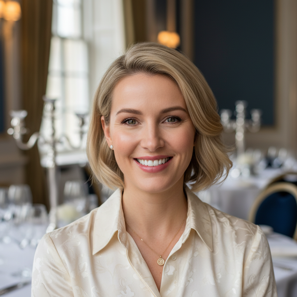 Portrait of Clarissa Worthington, a British event planner with light hair in an elegant setting