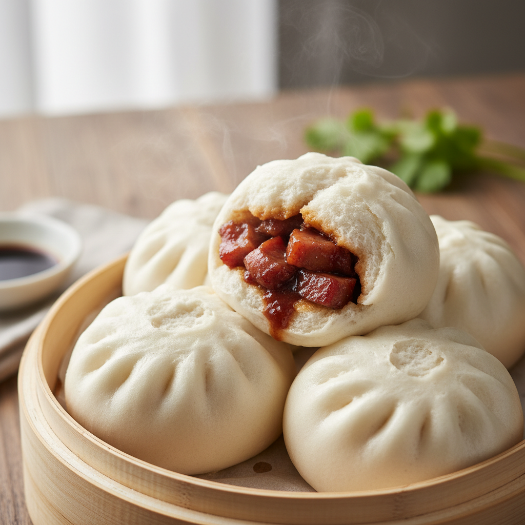 Булочки Чар Сиу Бао — authentic Chinese dish, professionally plated, dark moody background, commercial food photography