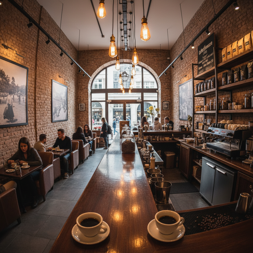 Warm café interior with exposed brick walls, pendant lights, and a long wooden bar counter