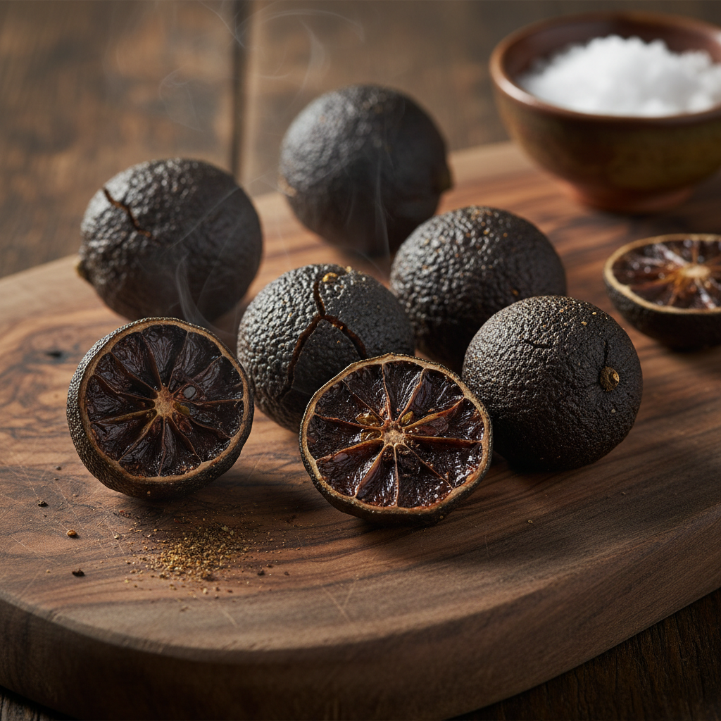 Dried black limes (loomi) from Oman arranged on a wooden surface, dark and aromatic