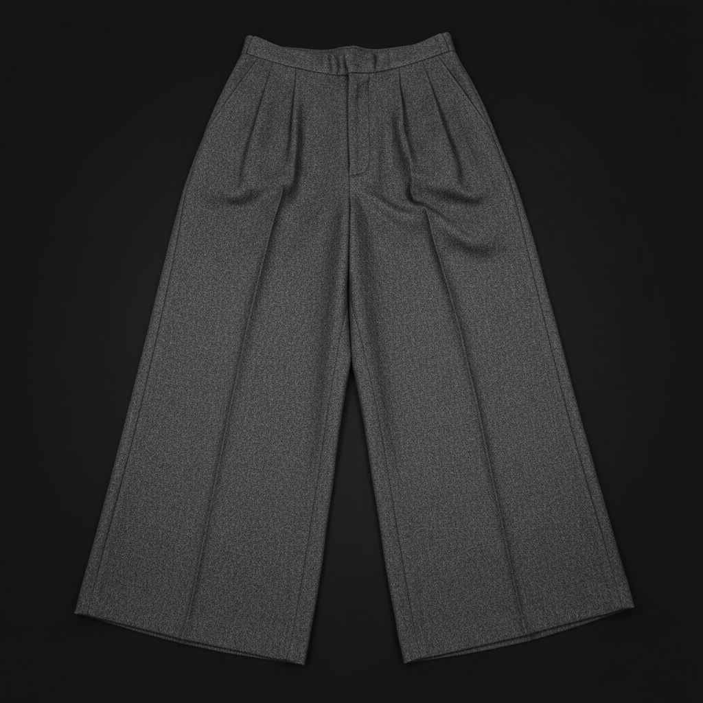 Wide leg trousers in charcoal gray, flowing fabric, model walking outdoors in soft light