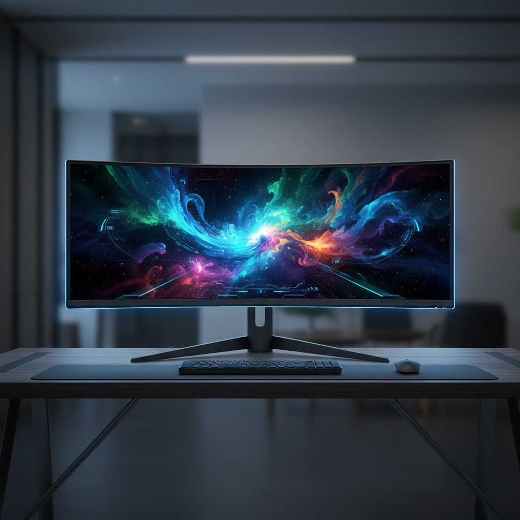 Curved ultrawide monitor displaying vibrant colorful workspace setup