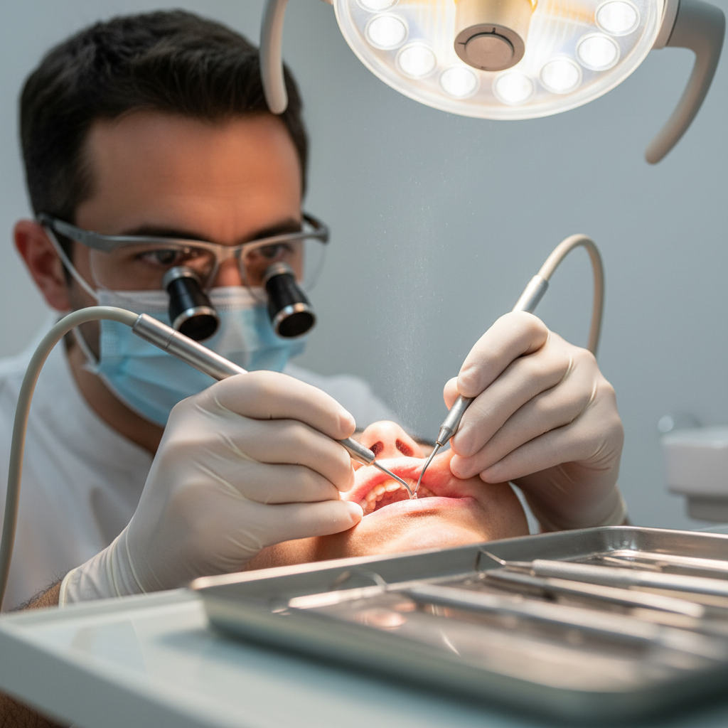 Dental hygienist performing periodontal treatment with patient in reclined dental chair