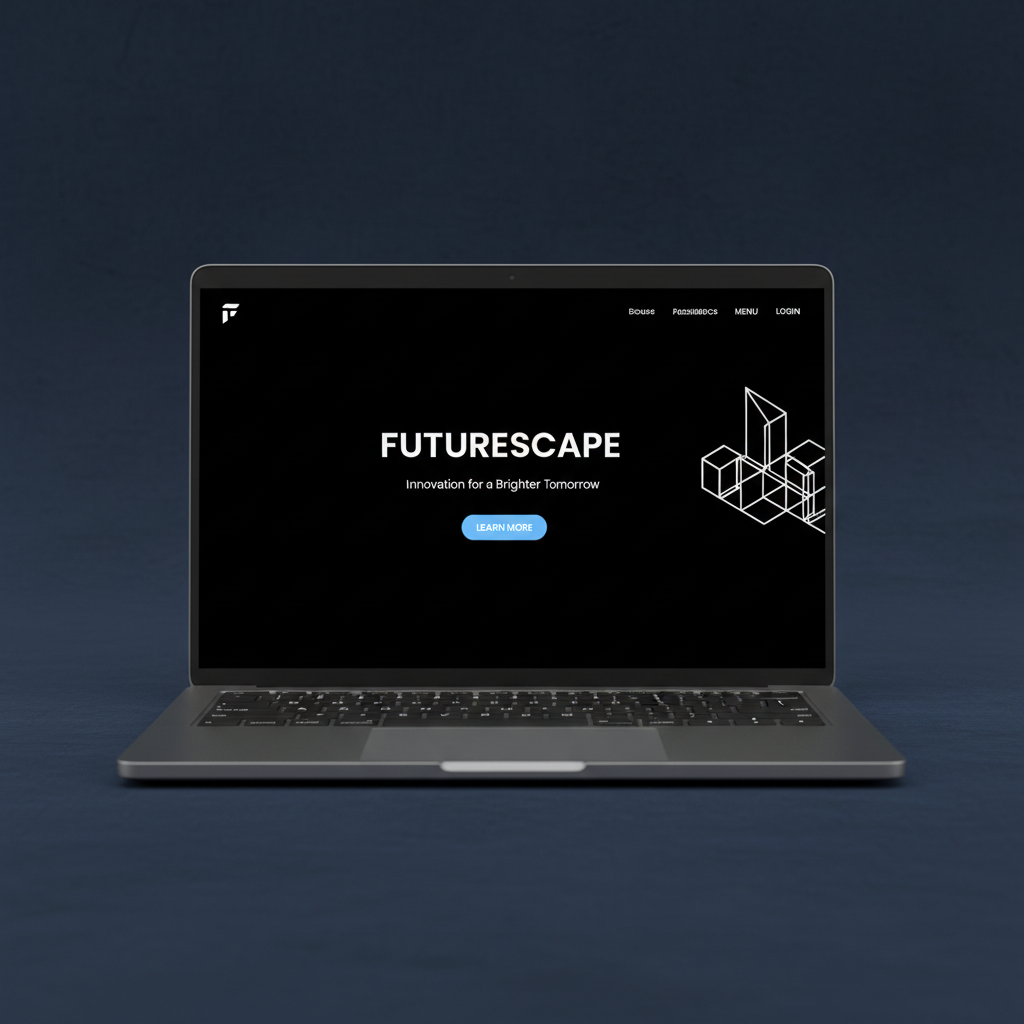 Dark workspace with glowing monitor showing a clean landing page design, blue ambient lighting, professional setup