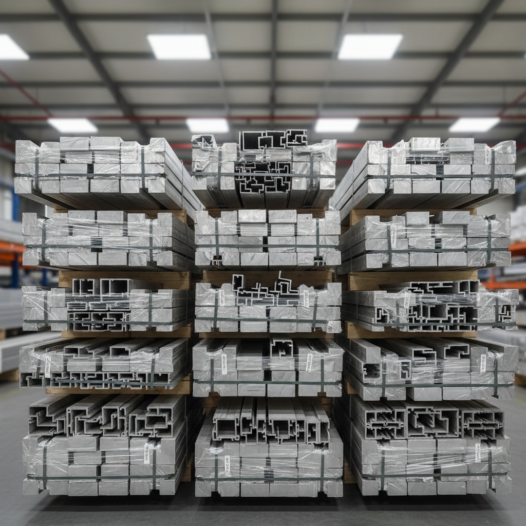 Aluminum metal sheets stacked in industrial warehouse, silver metallic surface reflecting light