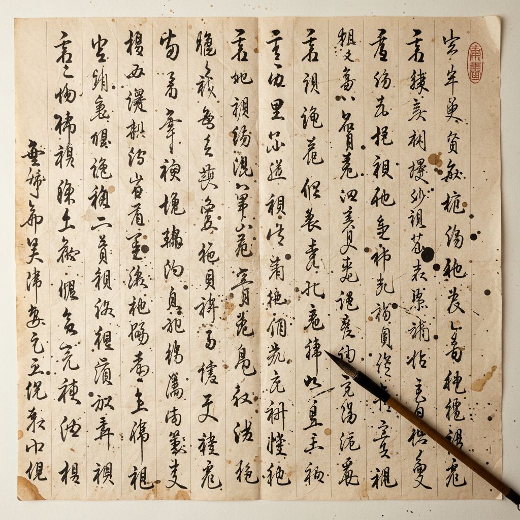 Practice sheet covered in repetitive calligraphic drills and ink marks
