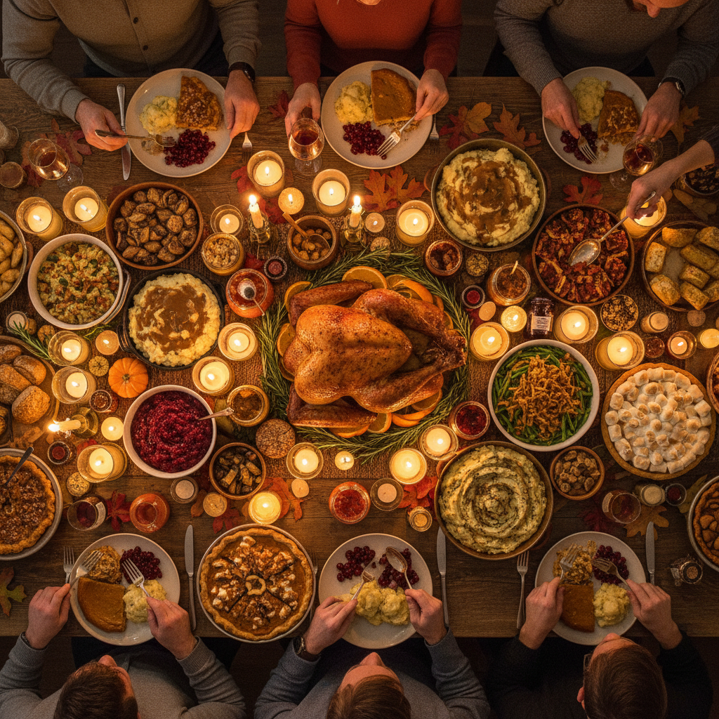 A full Thanksgiving table from above — turkey, sides, candles lit, hands reaching from all sides