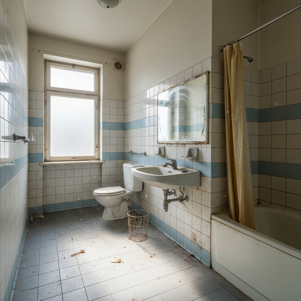 Empty apartment bathroom needing deep cleaning before move-out