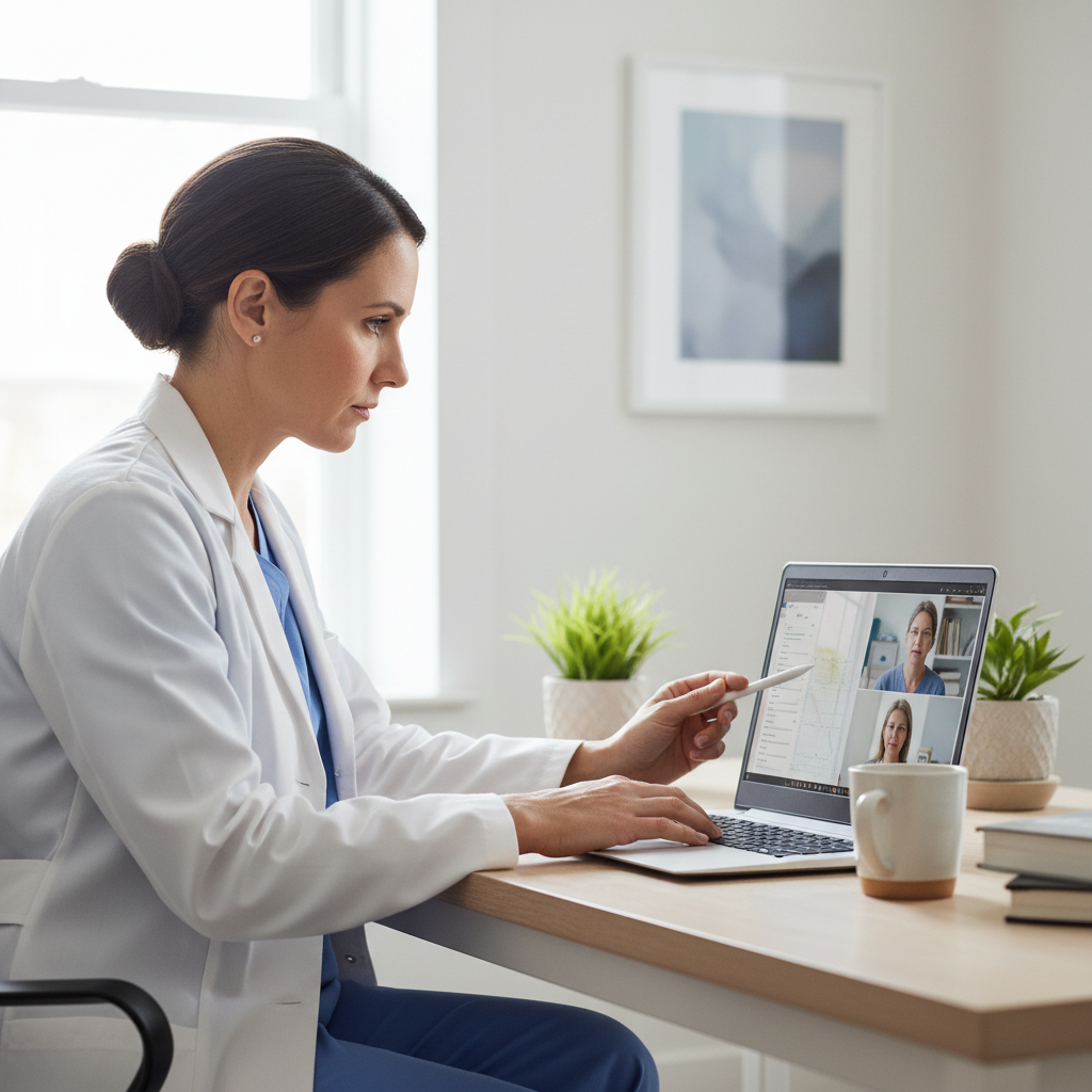 Doctor using laptop for telehealth appointment, professional setting