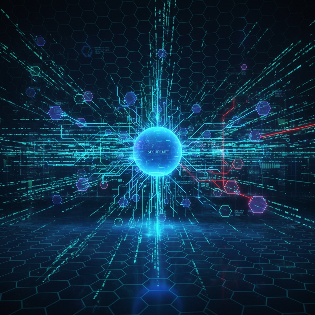 Abstract cybersecurity visualization with glowing green network nodes on dark background