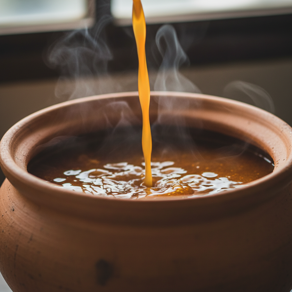Rich dark braised Filipino pork adobo in clay pot, glistening sauce, dramatic kitchen lighting