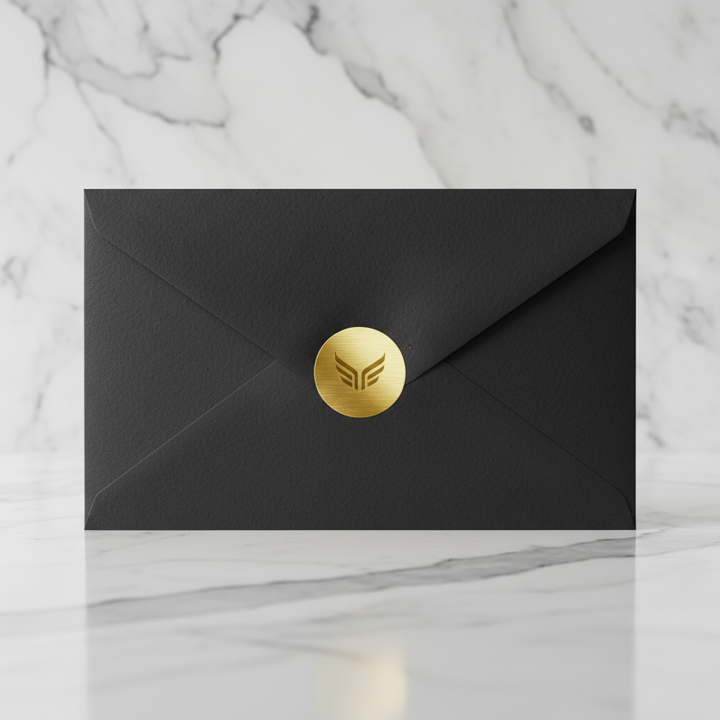 Matte black kraft mailer envelope sealed with gold foil sticker on marble surface