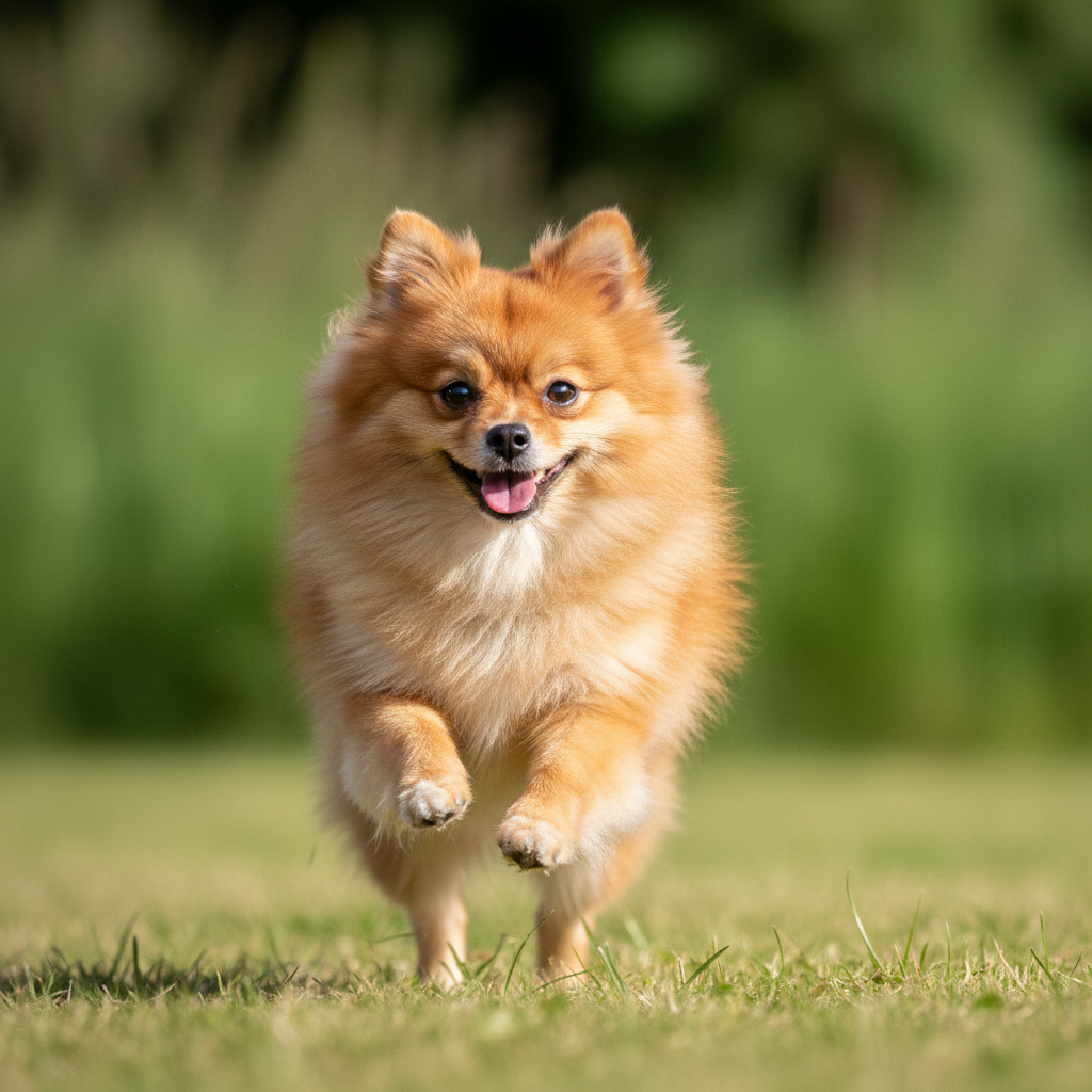 Pepper an orange Pomeranian mid-zoomie with all four paws off the ground on green grass
