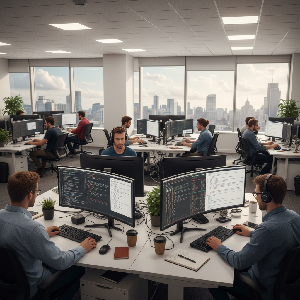 Software developers working on code with compliance documentation visible on screens