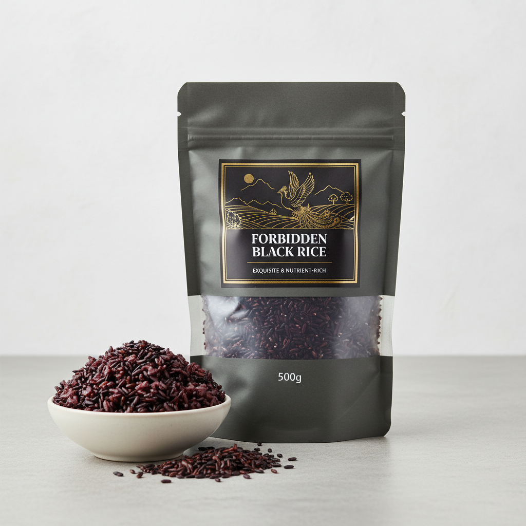 Black forbidden rice in a bowl showing deep violet color