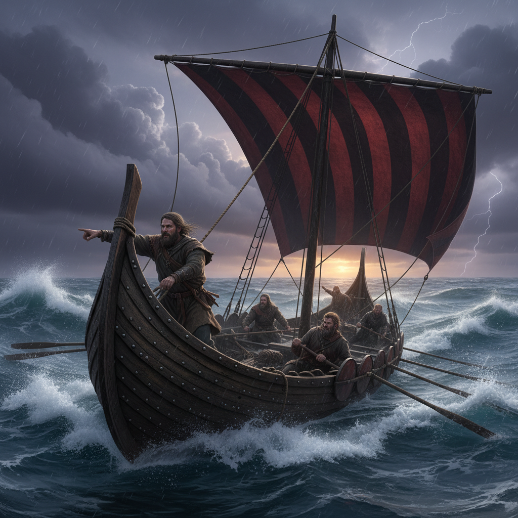 Viking ship on stormy seas with dramatic cloudy sky at dusk