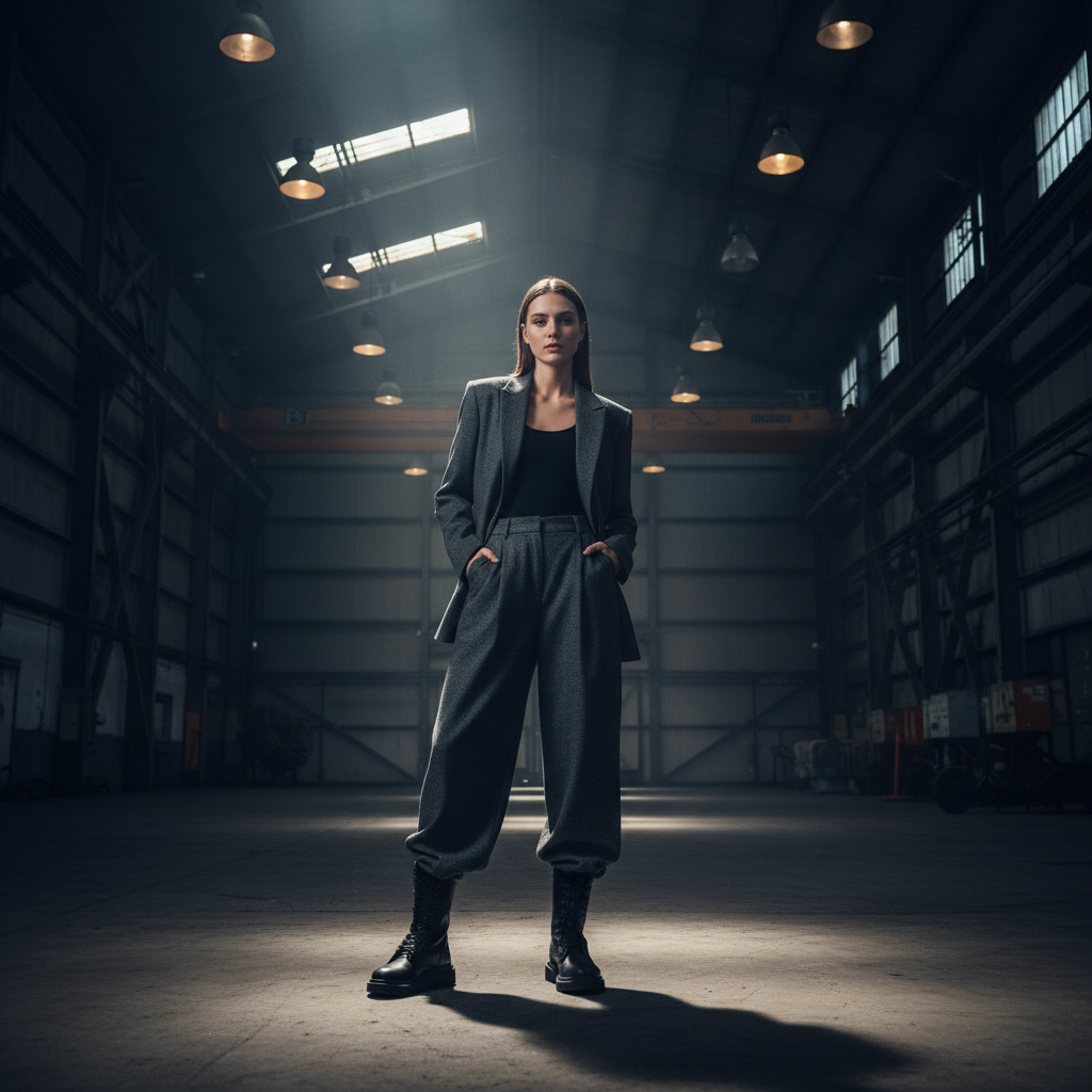 Dark studio fashion photo, tailored black trousers on model, moody atmospheric lighting