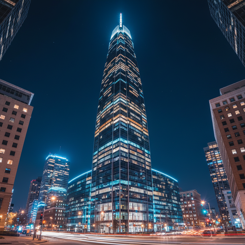 Skyline Tower at night — glass facade reflecting city lights against deep blue sky