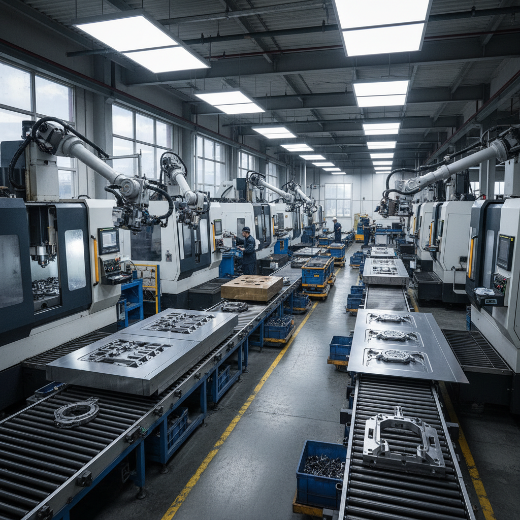 Factory floor precision manufacturing equipment operating on industrial materials