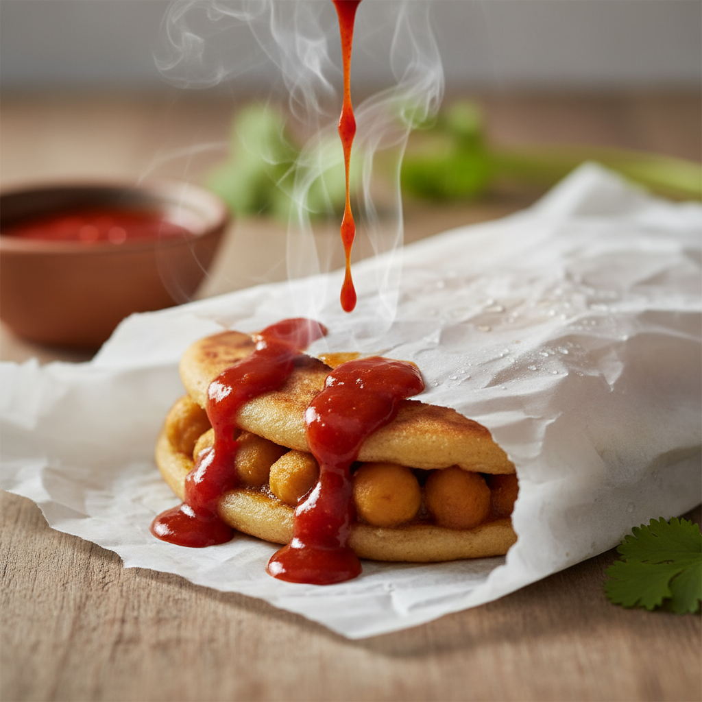 Steaming doubles wrapped in wax paper with pepper sauce dripping