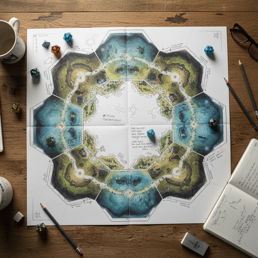 Physical printout of Hollow Cartography game board spread on a wooden table with dice and pencil annotations showing a completed puzzle session