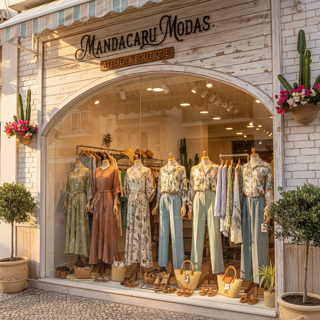Vitrine da Mandacaru Modas com roupas em exposição, fachada de boutique aconchegante em Porto Alegre