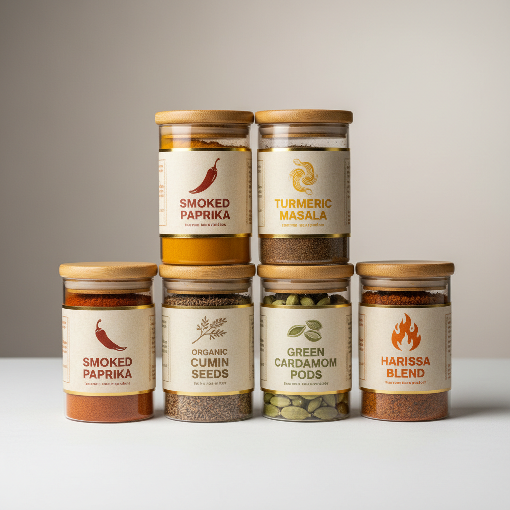 Premium packaged spice products with modern labels, value-added agricultural products for retail export