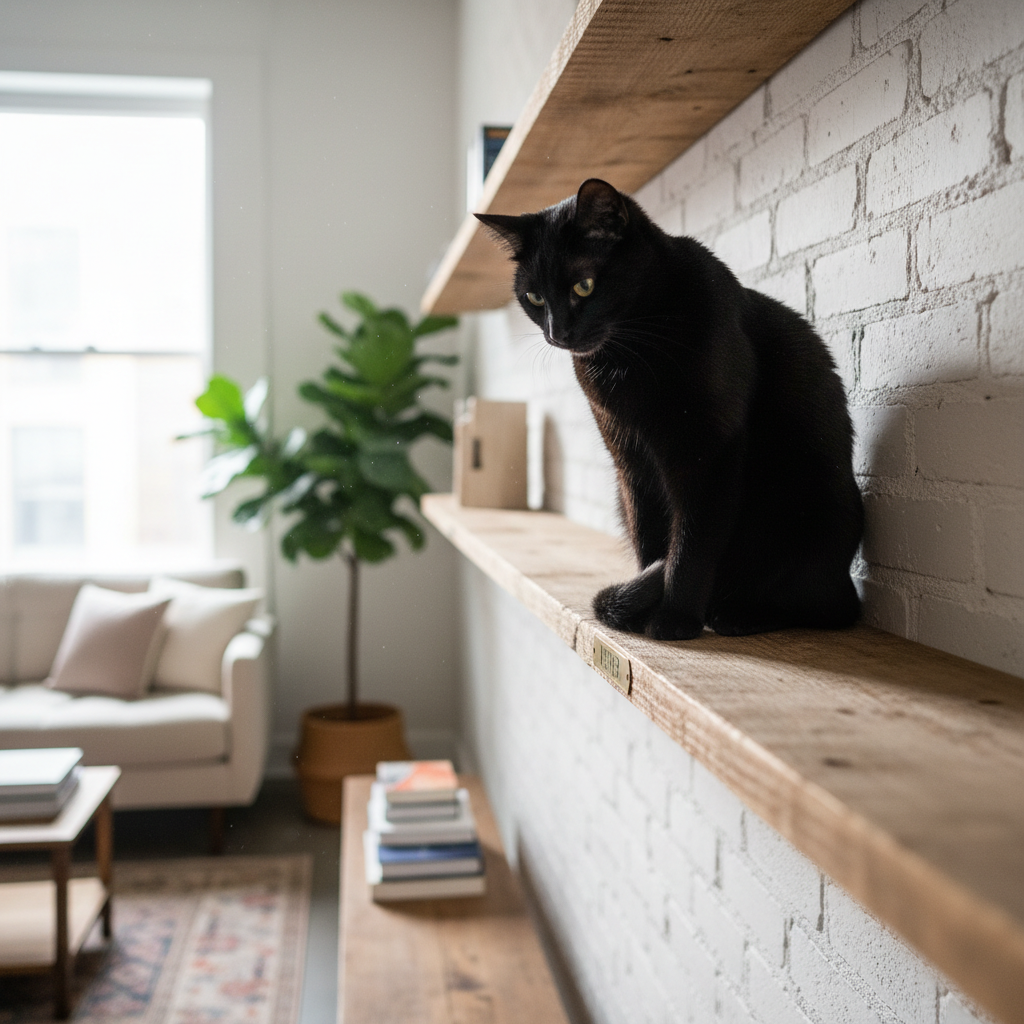 Black cat Vesper sitting alone on a high shelf, surveying the living room below