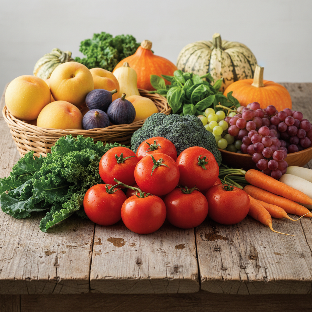 Beautiful seasonal food spread on rustic wooden table with warm natural lighting