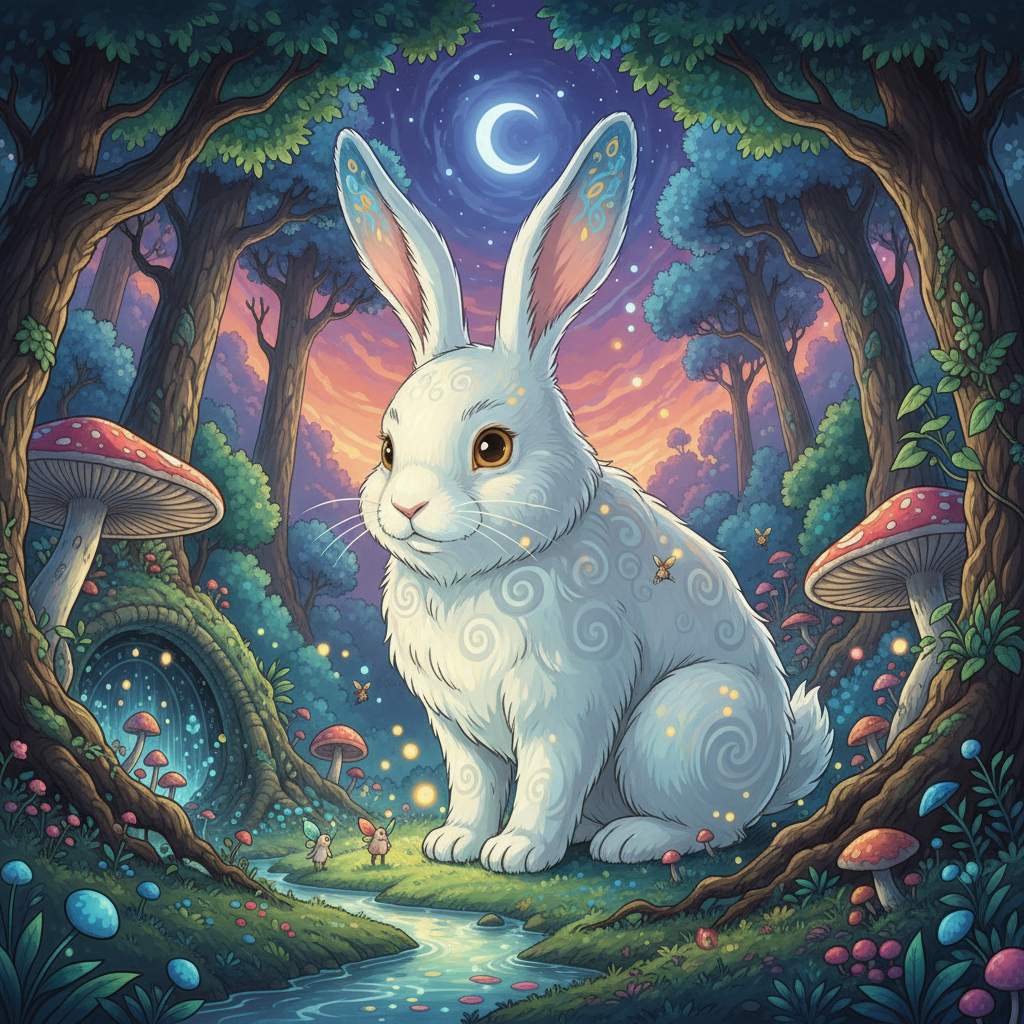 Colorful illustrated forest scene with a rabbit and glowing acorn