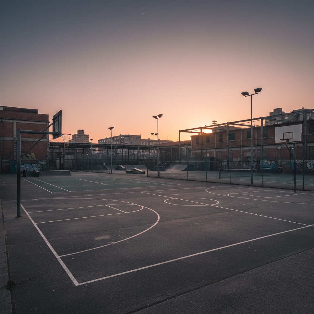 Empty urban sports facility at dusk with no activity