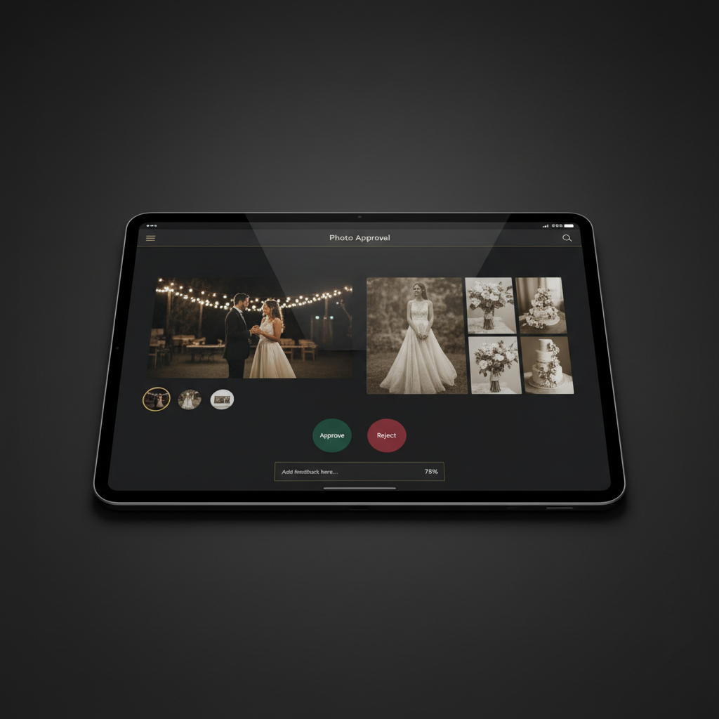 Tablet showing online photo approval interface with wedding album spreads in dark theme