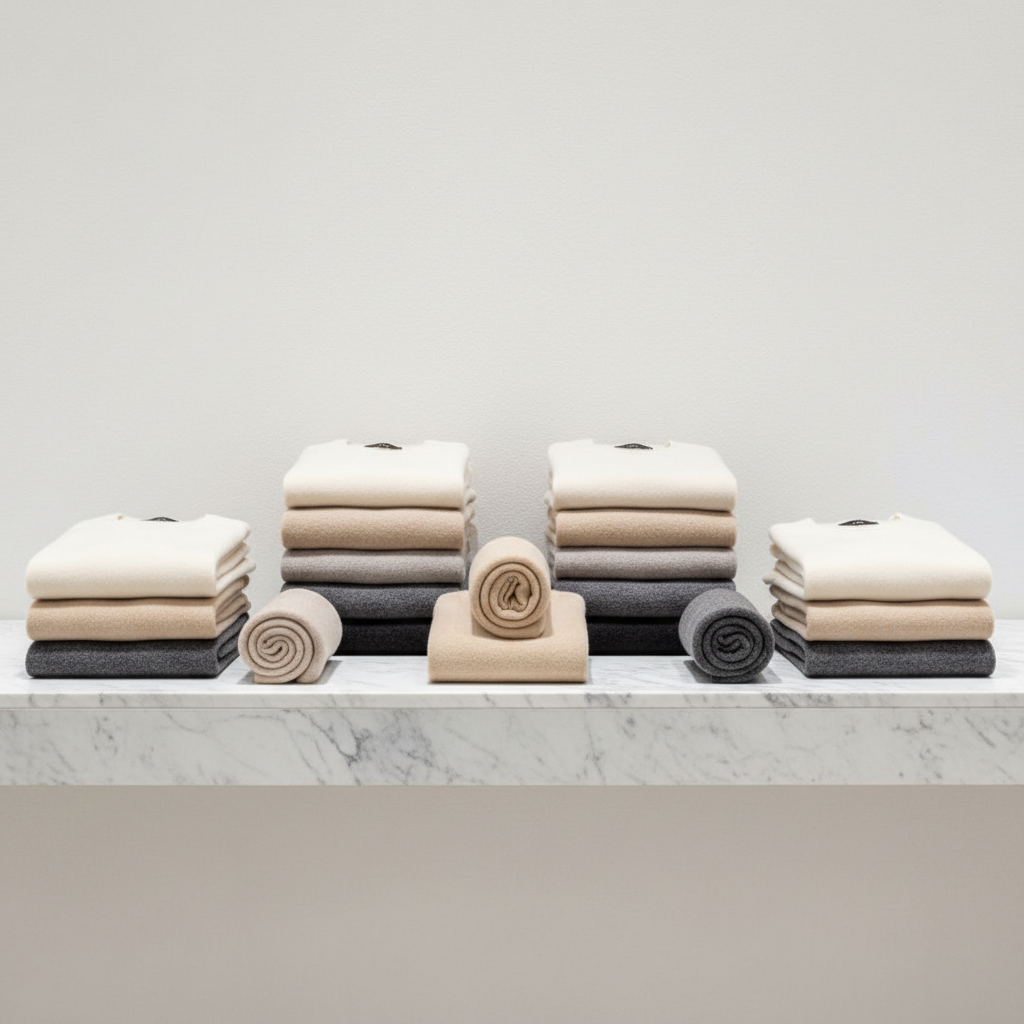 Clean retail fashion display, neutral tones, folded garments on white shelving, bright airy boutique atmosphere