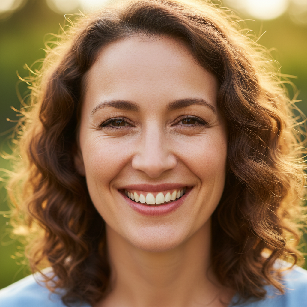 Cheerful woman in her 30s with dark hair, natural light, relaxed outdoor setting
