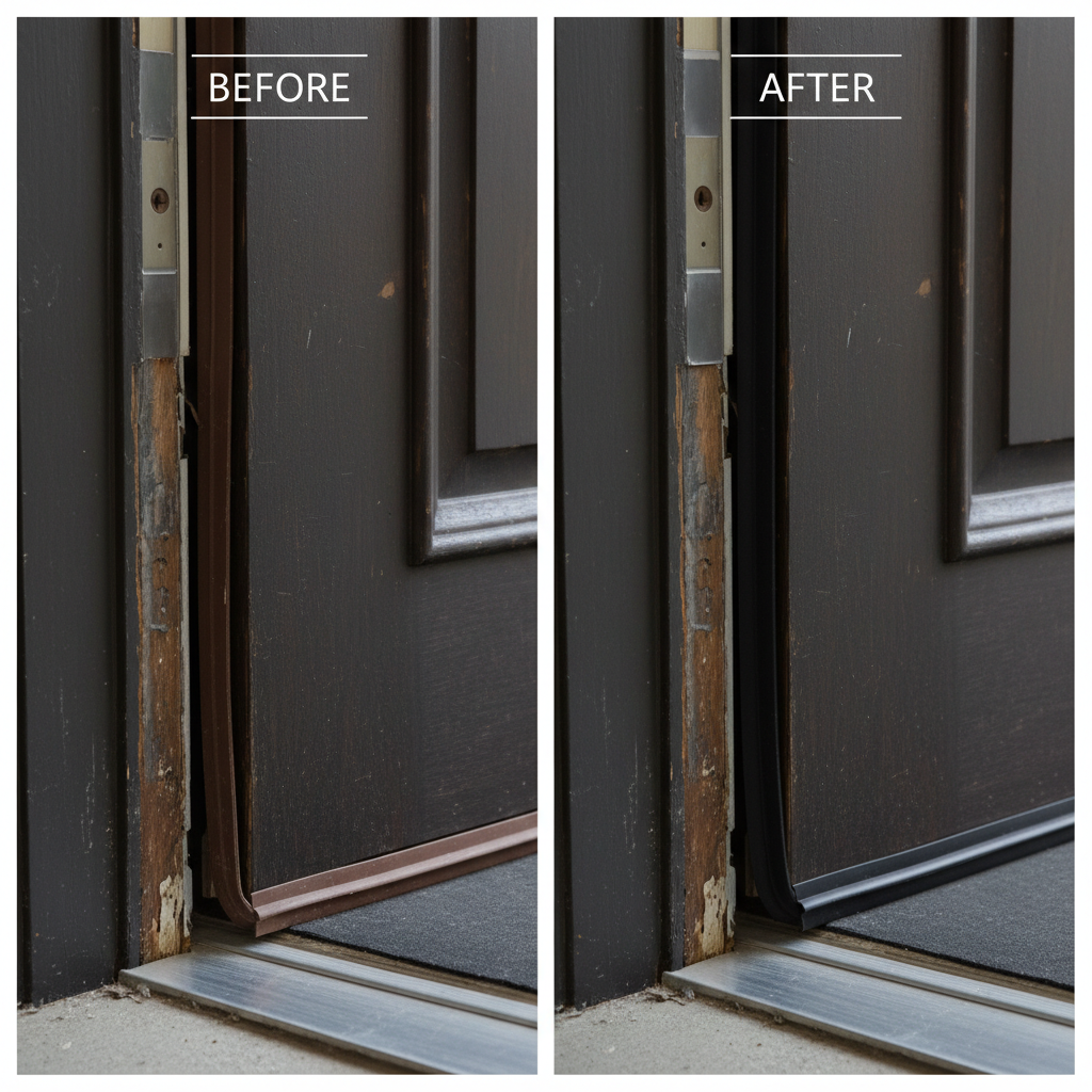 Before and after comparison of weatherstripping on front door