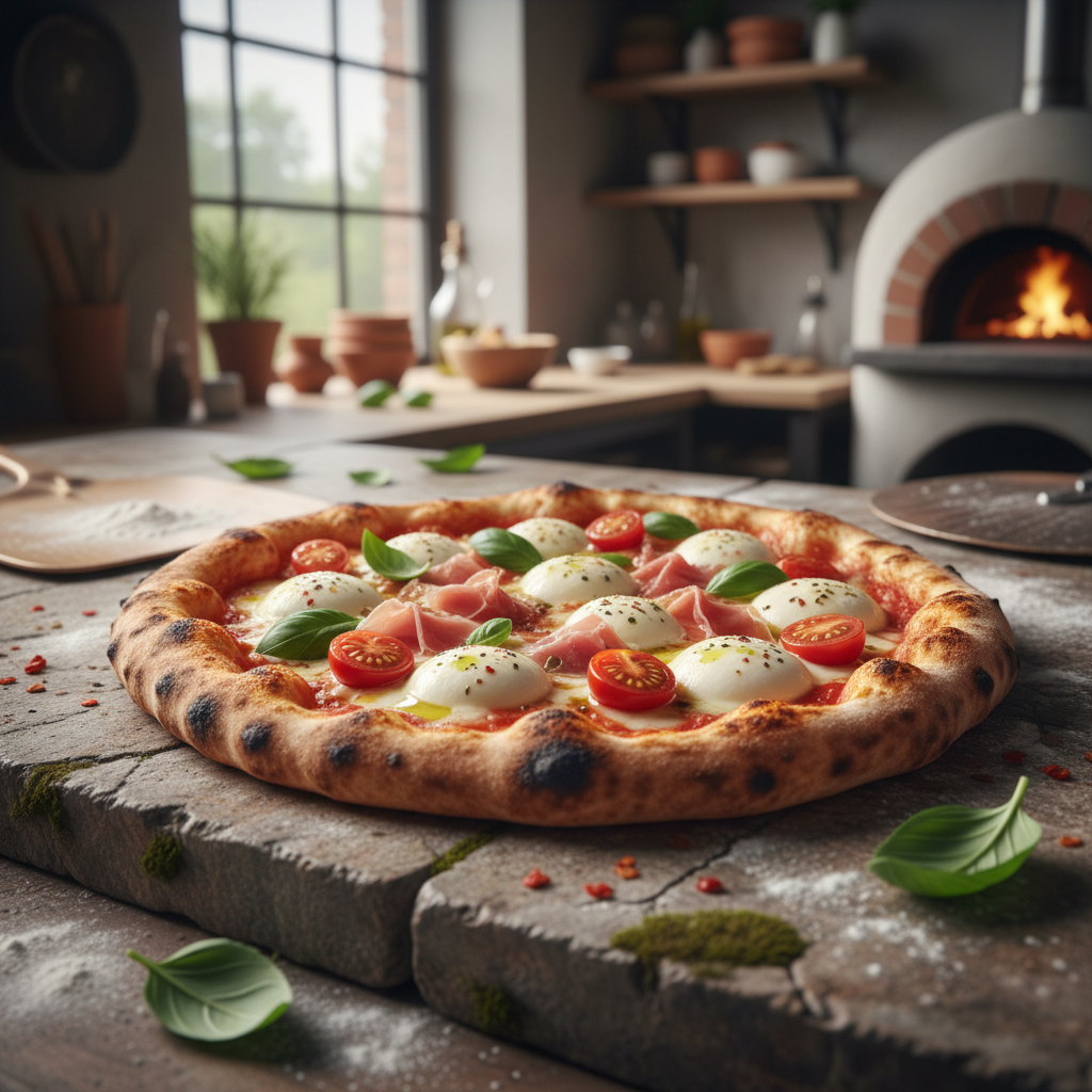 Artisan pizza with charred crust and fresh toppings on stone surface