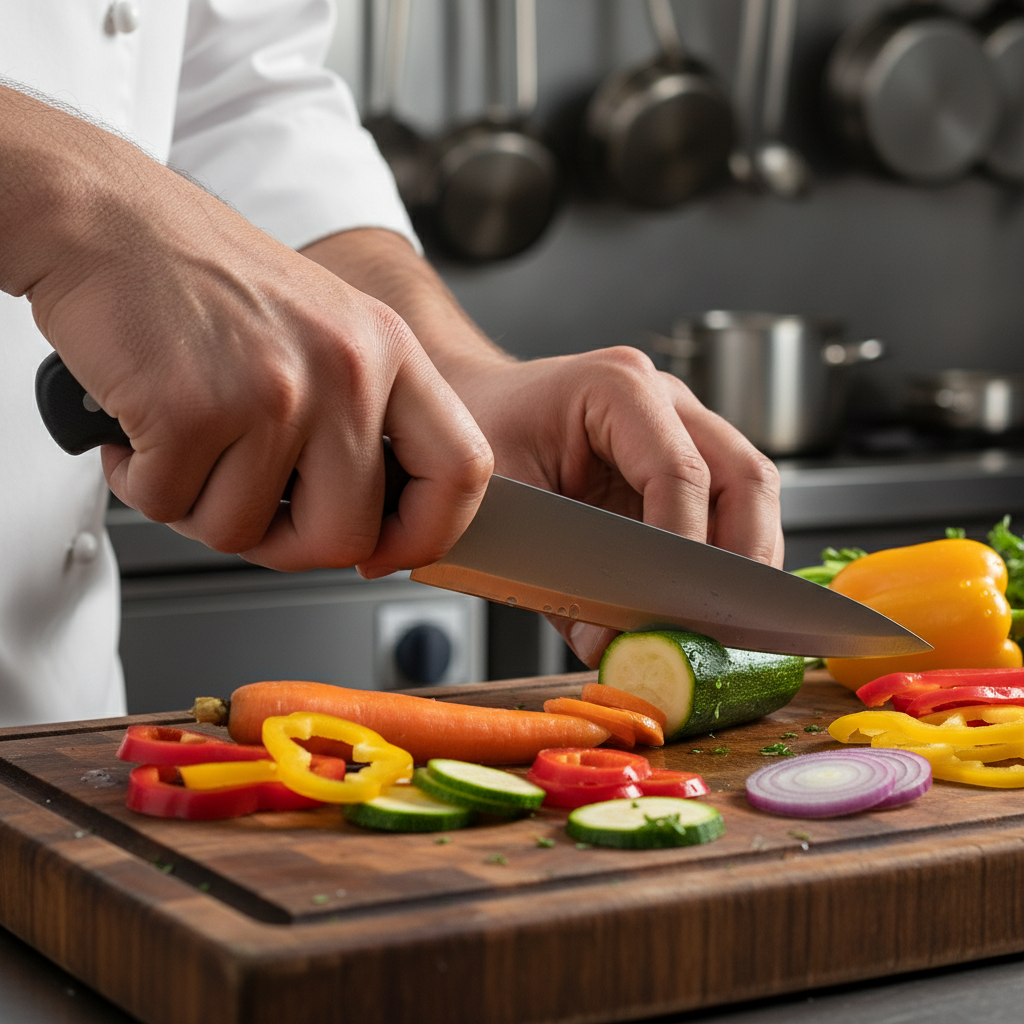 Chef demonstrating precise knife technique on a wooden cutting board with fresh vegetables