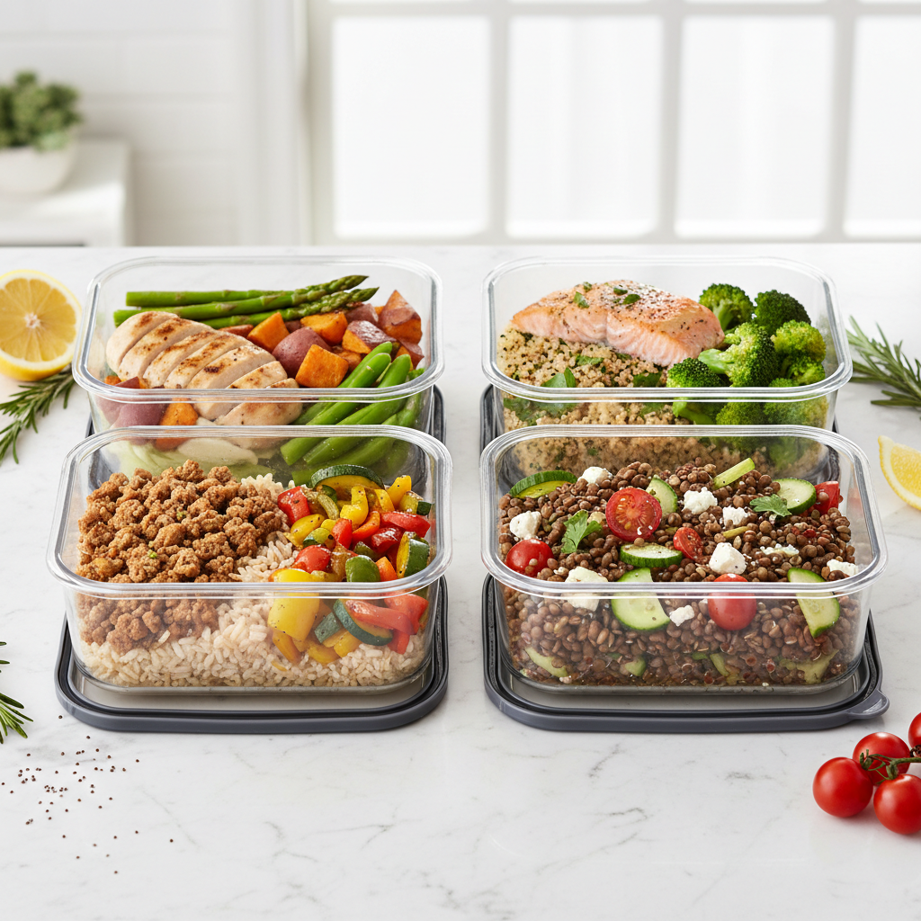 Colorful healthy meal prep with fresh vegetables and proteins on a kitchen counter