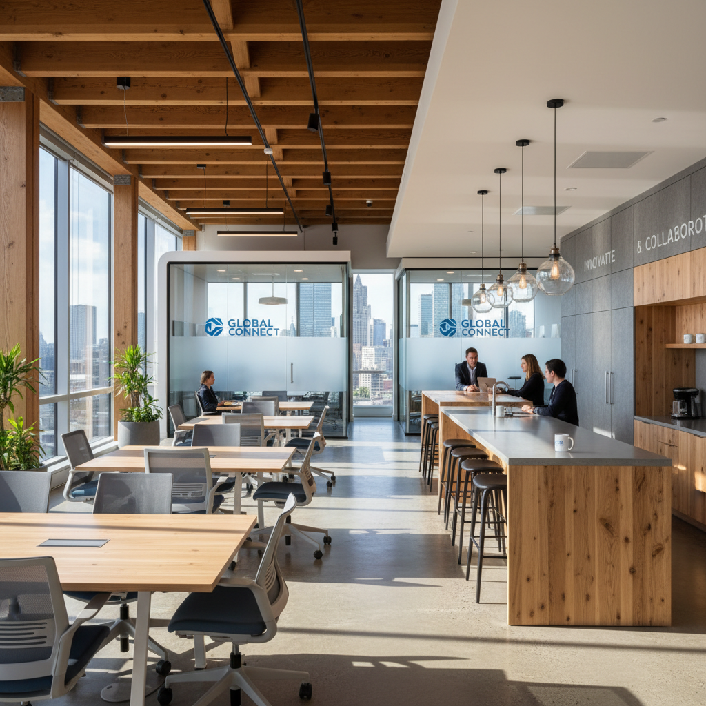 Modern open-plan commercial space with bright white surfaces, natural wood accents, and abundant daylight through skylights